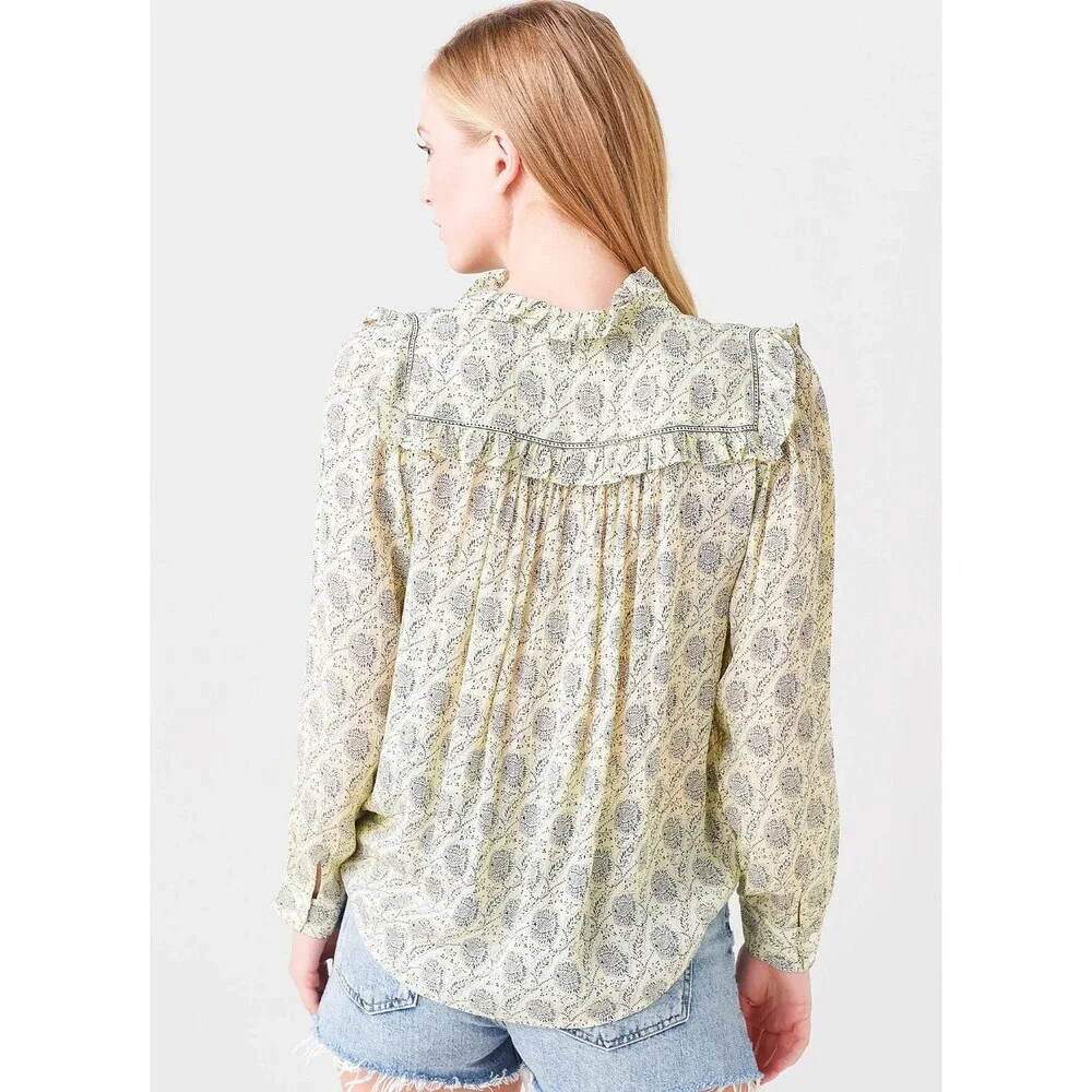 Ba&sh Bora Shirt Light Yellow Pattern Size Medium Long Sleeve Ruffle Trim_2